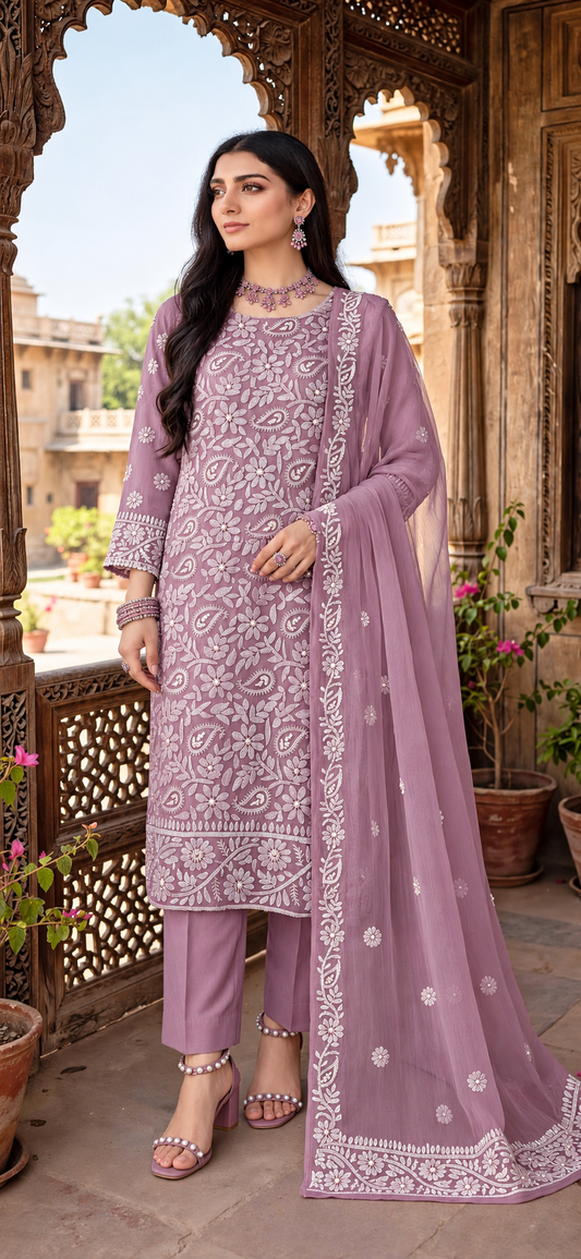Plum - Motiya - Hand Embroidered - 3 Piece - Unstitched - Chiffon Suit
