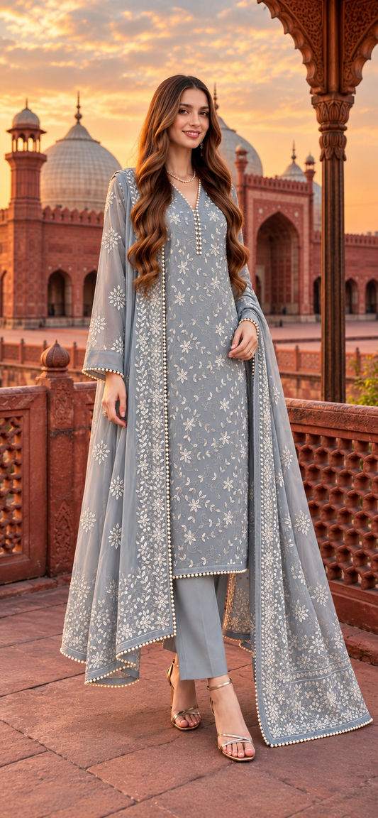 Grey - Noor e Badshahi - Hand Embroidered - 3 Piece - Unstitched - Chiffon Suit