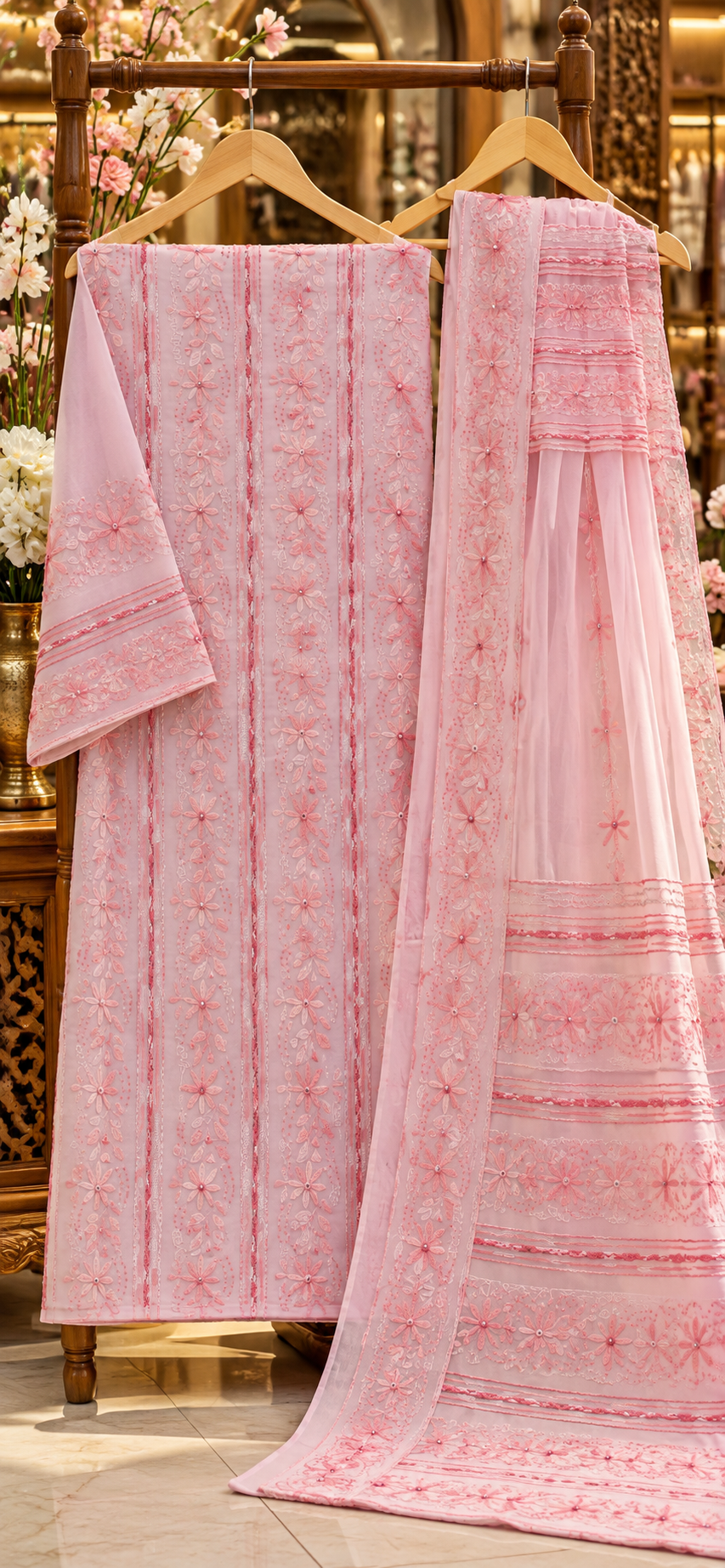 Pink on Pink - Tarkashi Gulistan - Embroidered 3-Piece Unstitched Chiffon Suit