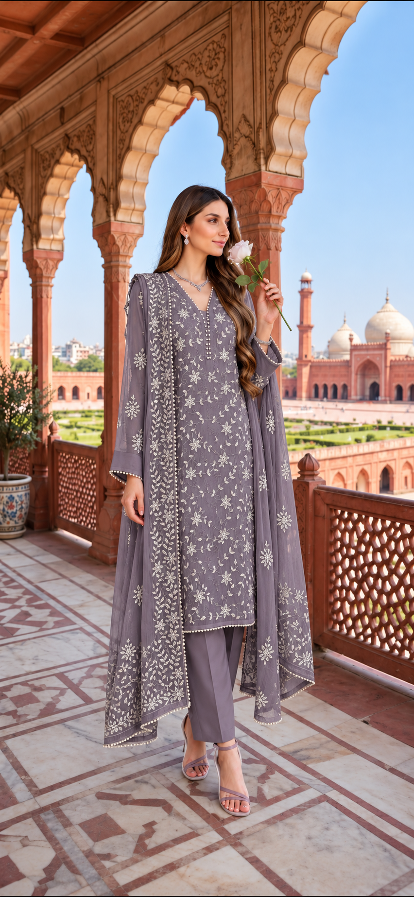 Lilac  - Noor e Badshahi - Hand Embroidered - 3 Piece - Unstitched - Chiffon Suit