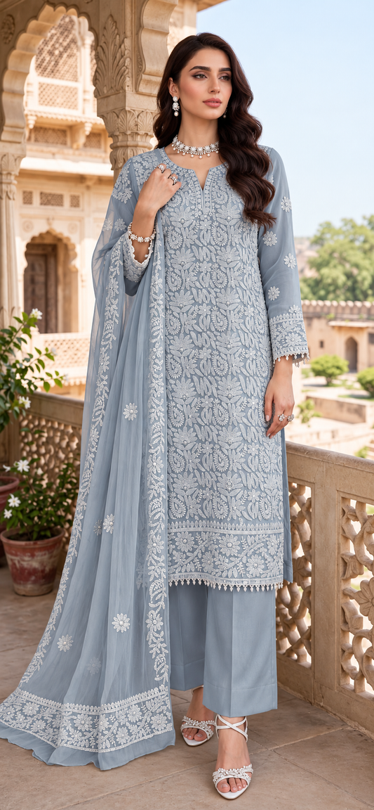 Blue - Motiya - Hand Embroidered - 3 Piece - Unstitched - Chiffon Suit