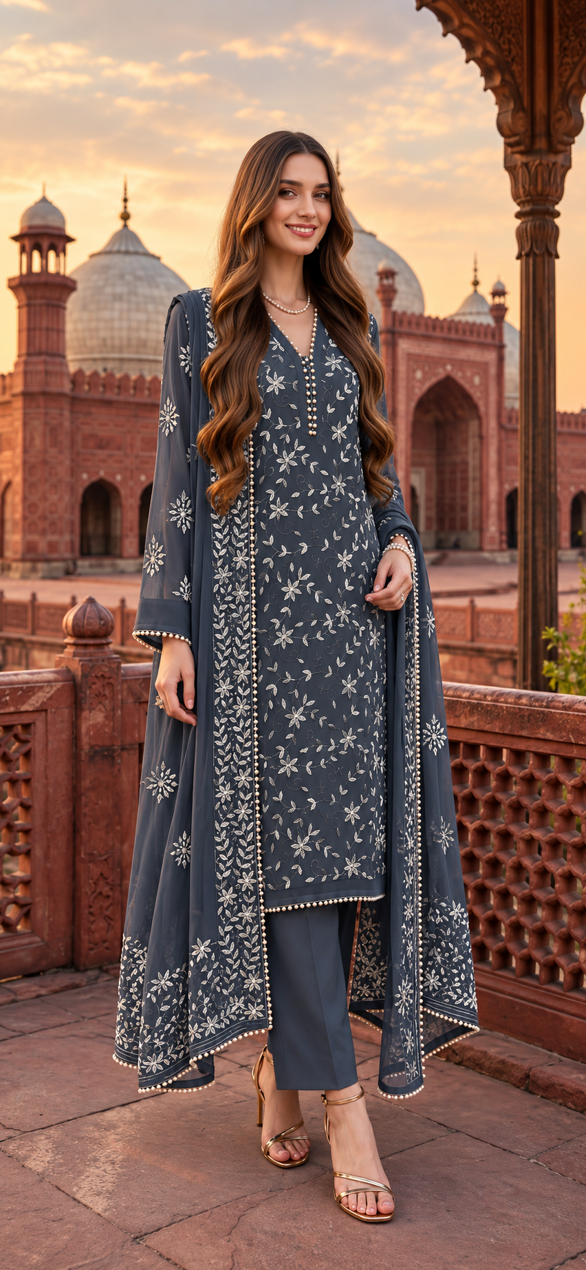 Charcoal Grey - Noor e Badshahi - Hand Embroidered - 3 Piece - Unstitched - Chiffon Suit