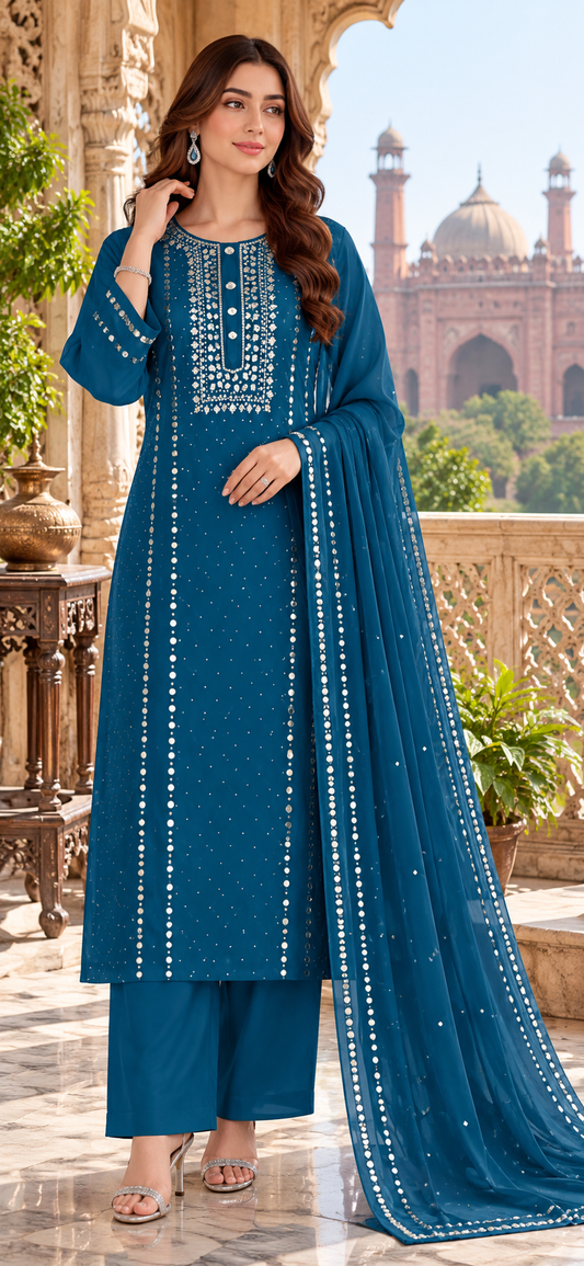 Teal Blue - Kamdani Makesh Work - Soft Chiffon - 2-Piece Unstitched Suit