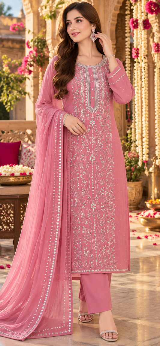 Rose Pink - Kamdani Makesh Work - Soft Chiffon - 3-Piece Unstitched Suit