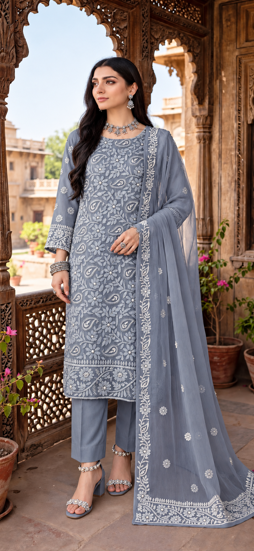 Dusty Grey Blue - Motiya - Hand Embroidered - 3 Piece - Unstitched - Chiffon Suit