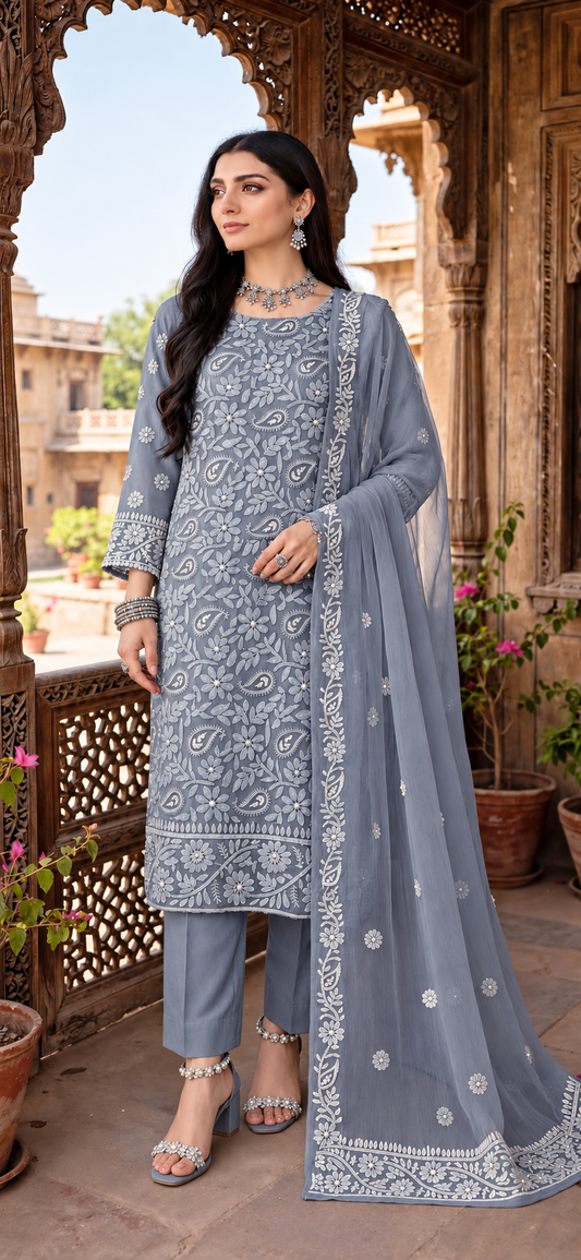 Dusty Grey Blue - Motiya - Hand Embroidered - 3 Piece - Unstitched - Chiffon Suit