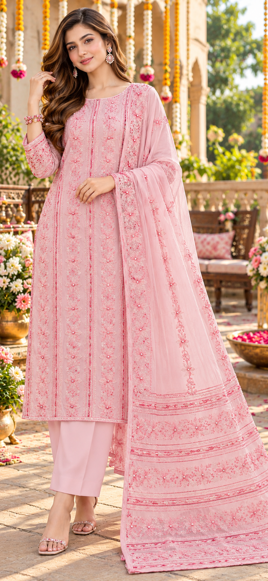 Pink on Pink - Tarkashi Gulistan - Embroidered Chiffon Suit