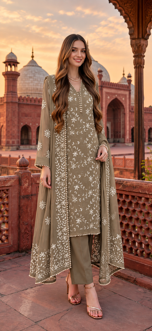 Olive Green  - Noor e Badshahi - Hand Embroidered - 3 Piece - Unstitched - Chiffon Suit