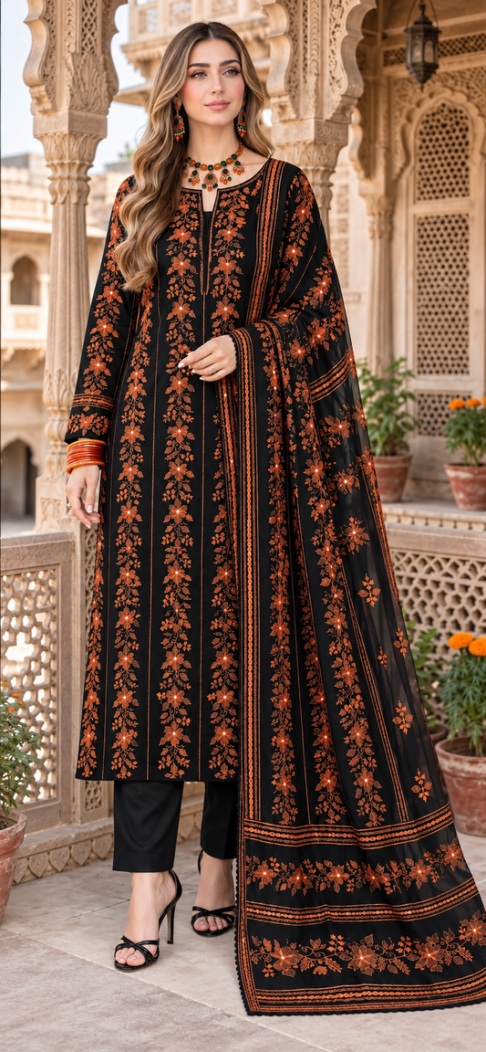 Black Orange  - Tarkashi Gulistan - Embroidered 3-Piece Unstitched Chiffon Suit