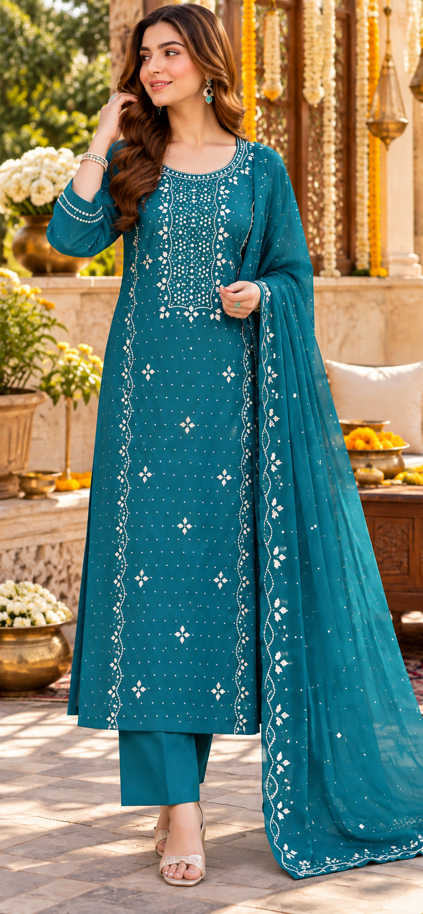 Deep Teal - Kamdani Makesh Work - Soft Chiffon - 2-Piece Unstitched Suit