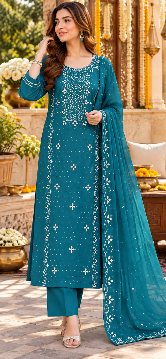 Deep Teal - Kamdani Makesh Work - Soft Chiffon - 3-Piece Unstitched Suit