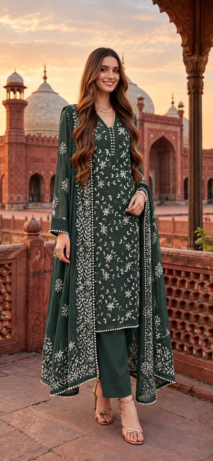 Dark Green - Noor e Badshahi - Hand Embroidered - 3 Piece - Unstitched - Chiffon Suit