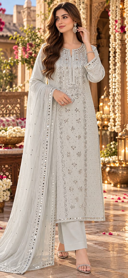 Off White - Kamdani Makesh Work - Soft Chiffon - 3-Piece Unstitched Suit