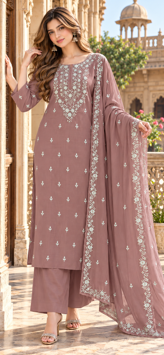 Dusty Rose - Goher - Hand Embroidered - 3 Piece - Unstitched - Chiffon Suit