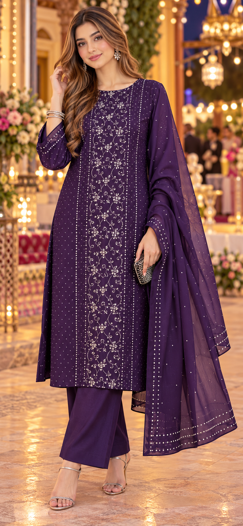 Plum - Kamdani Makesh Work - Soft Chiffon - 3-Piece Unstitched Suit