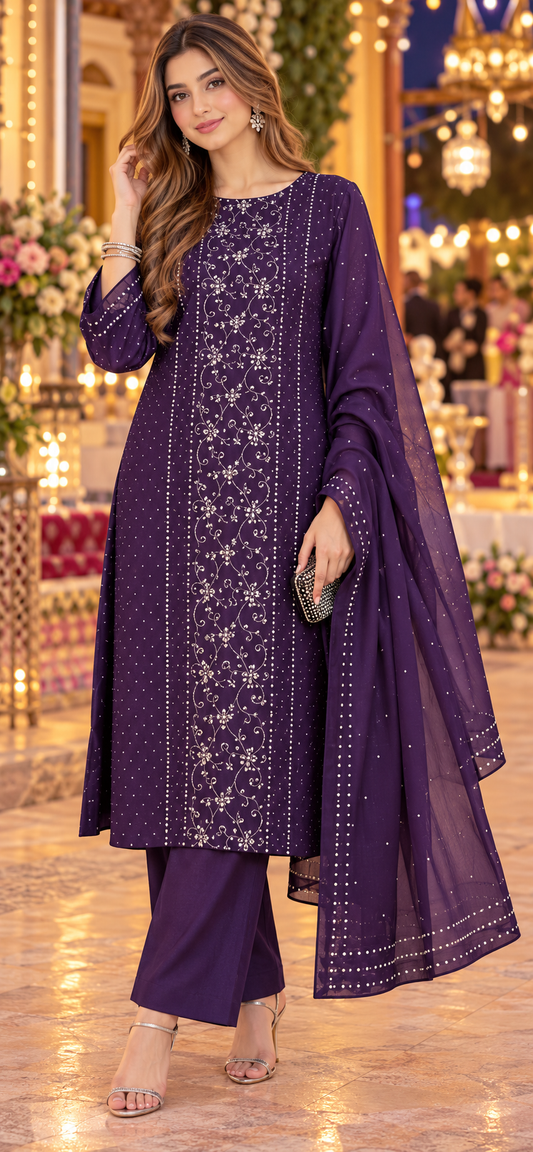 Plum - Kamdani Makesh Work - Soft Chiffon - 2-Piece Unstitched Suit