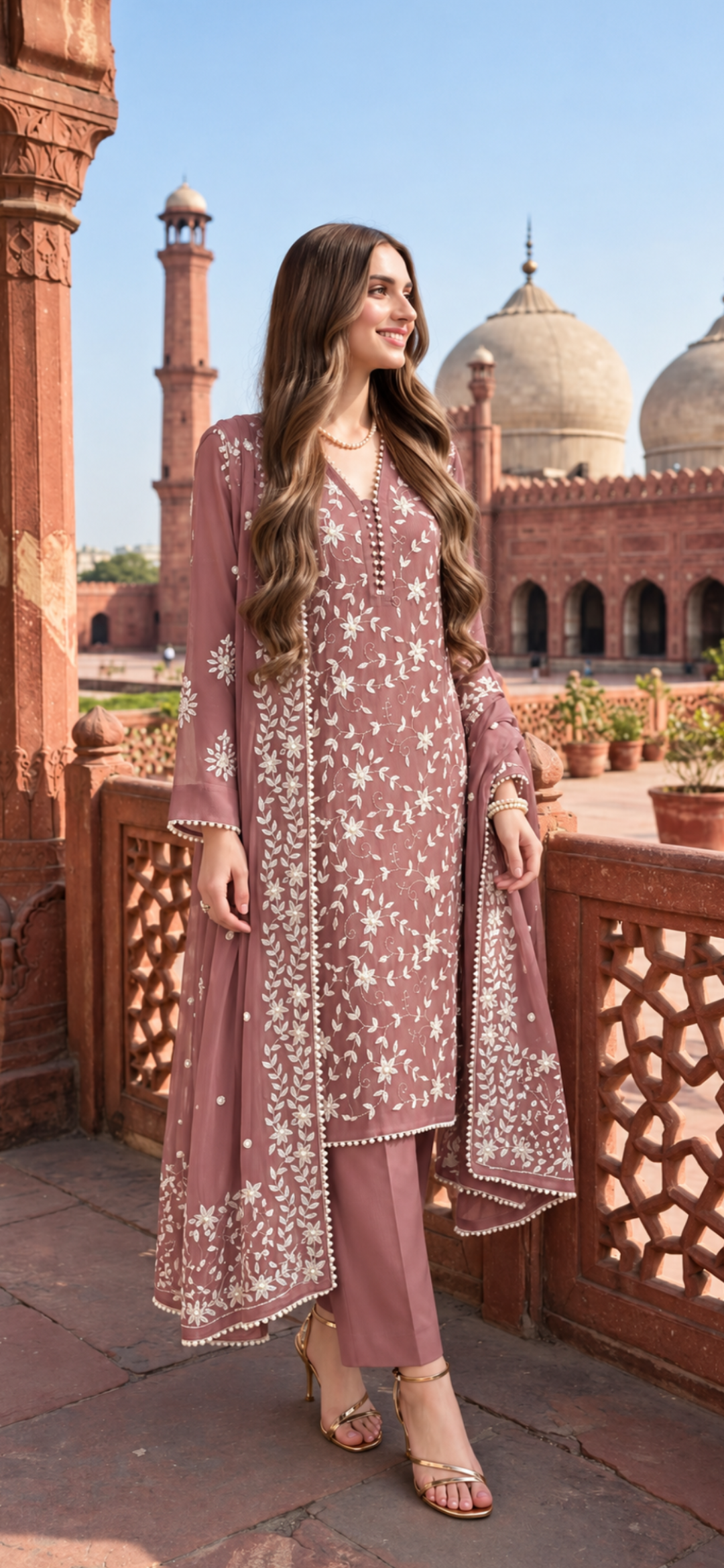 Dusty Rose - Noor e Badshahi - Hand Embroidered - 3 Piece - Unstitched - Chiffon Suit