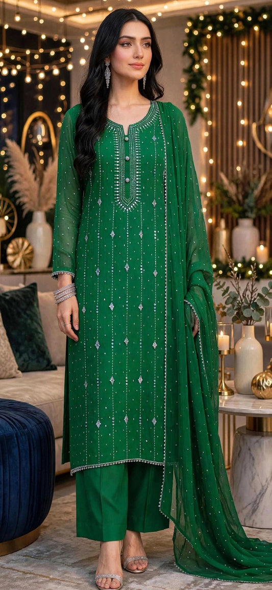 Grass Green - Kamdani Makesh Work - Soft Chiffon - 2-Piece Unstitched Suit