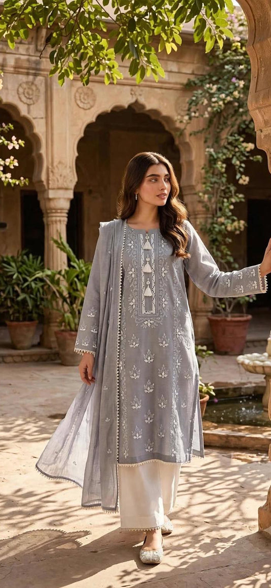 Grey - Embroidered 2-Piece Stitched Paper Cotton Suit