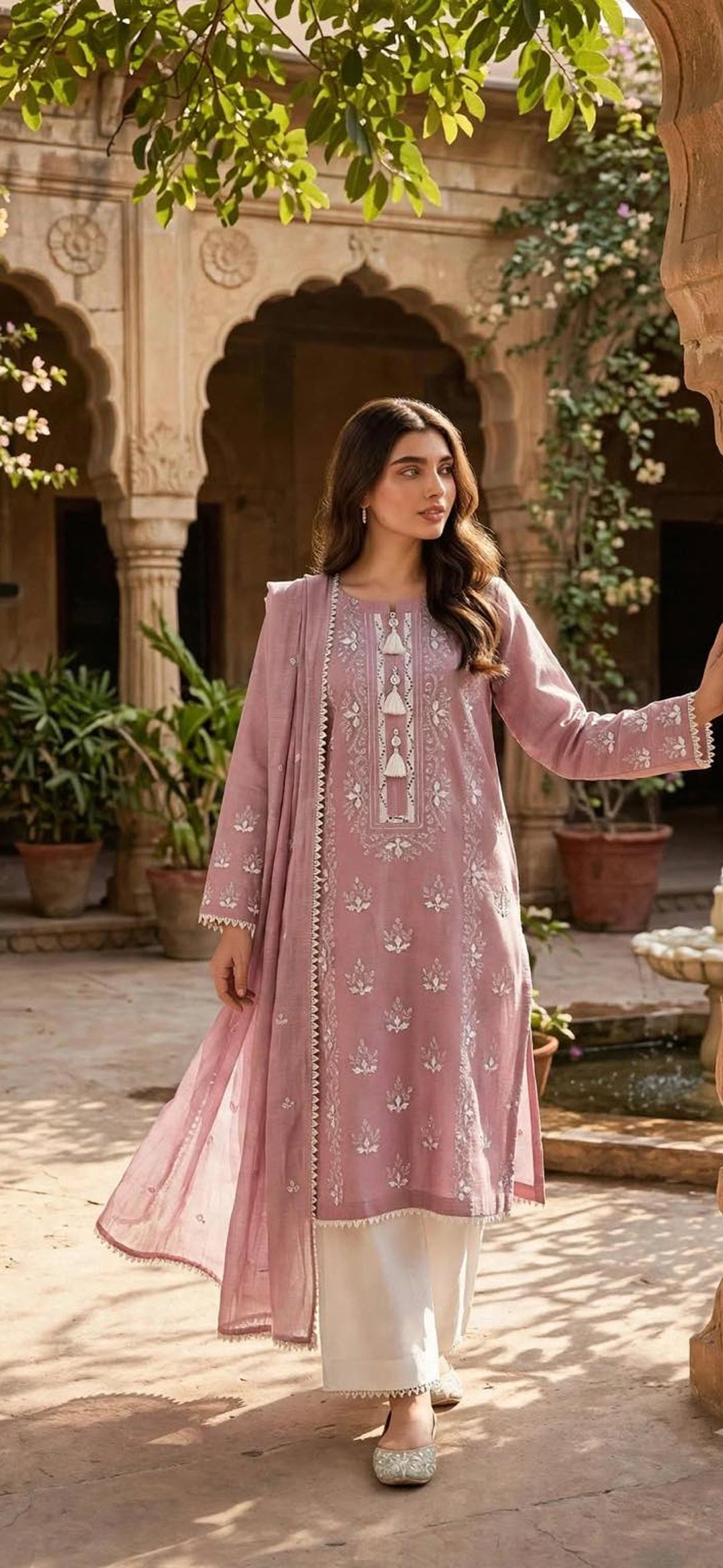 Pink - Embroidered 3-Piece Unstitched Paper Cotton Suit