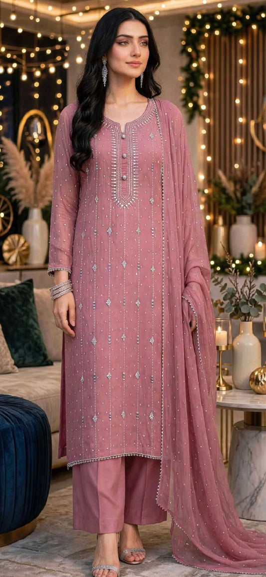 Pink - Kamdani Makesh Work - Soft Chiffon - 2-Piece Unstitched Suit