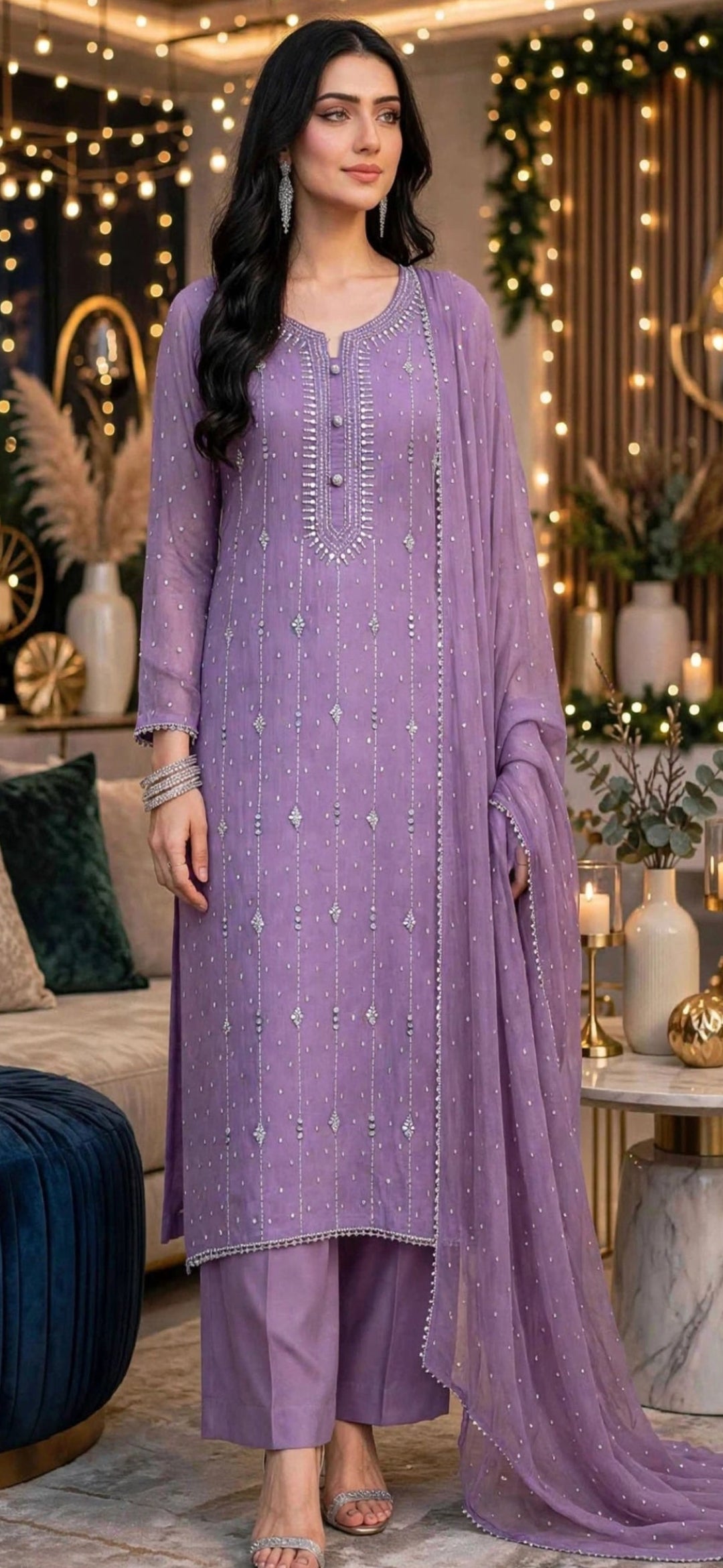 Lavender- Kamdani Makesh Work - Soft Chiffon - Unstitched Suit