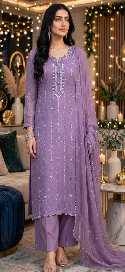 Lavender - Kamdani Makesh Work - Soft Chiffon - 2-Piece Unstitched Suit