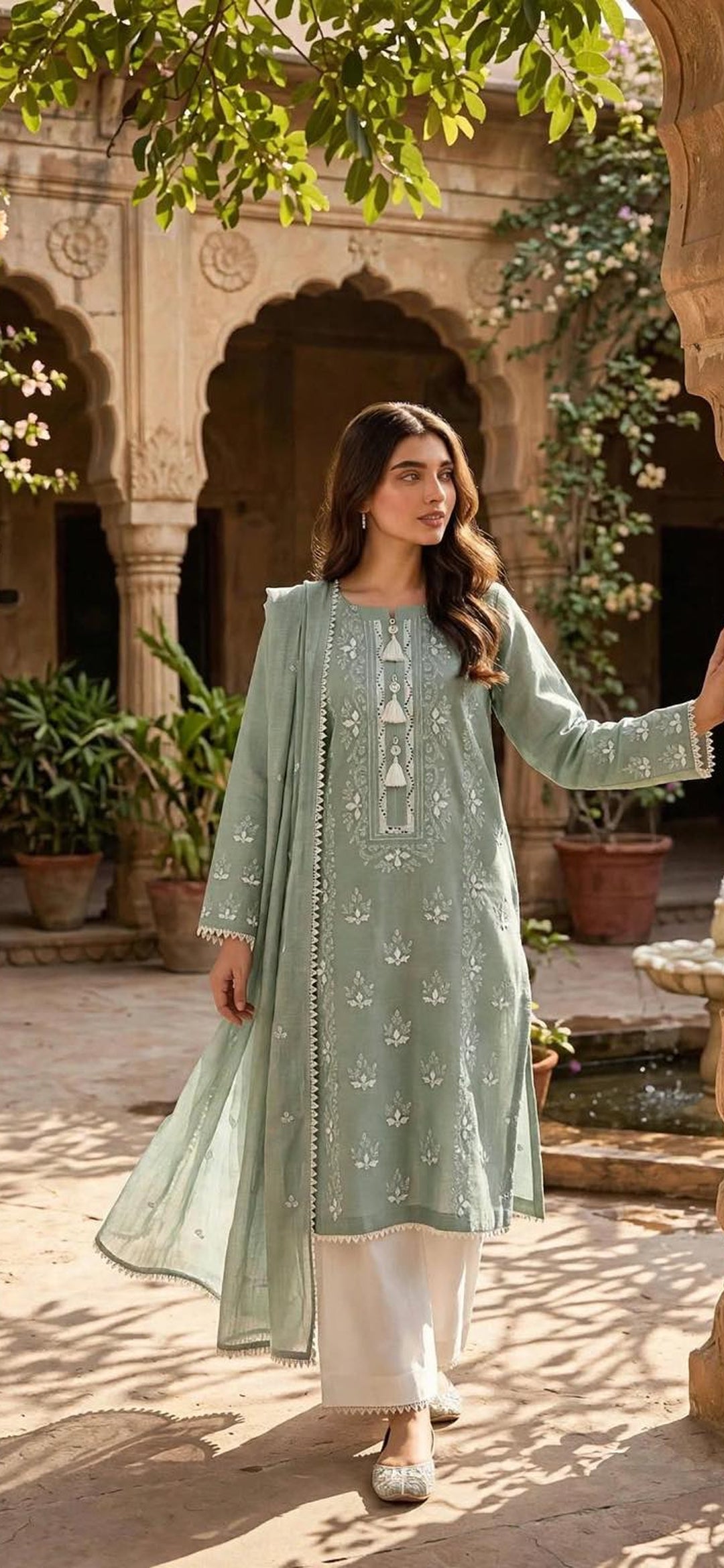 Sage Green - Embroidered 3-Piece Unstitched Paper Cotton Suit