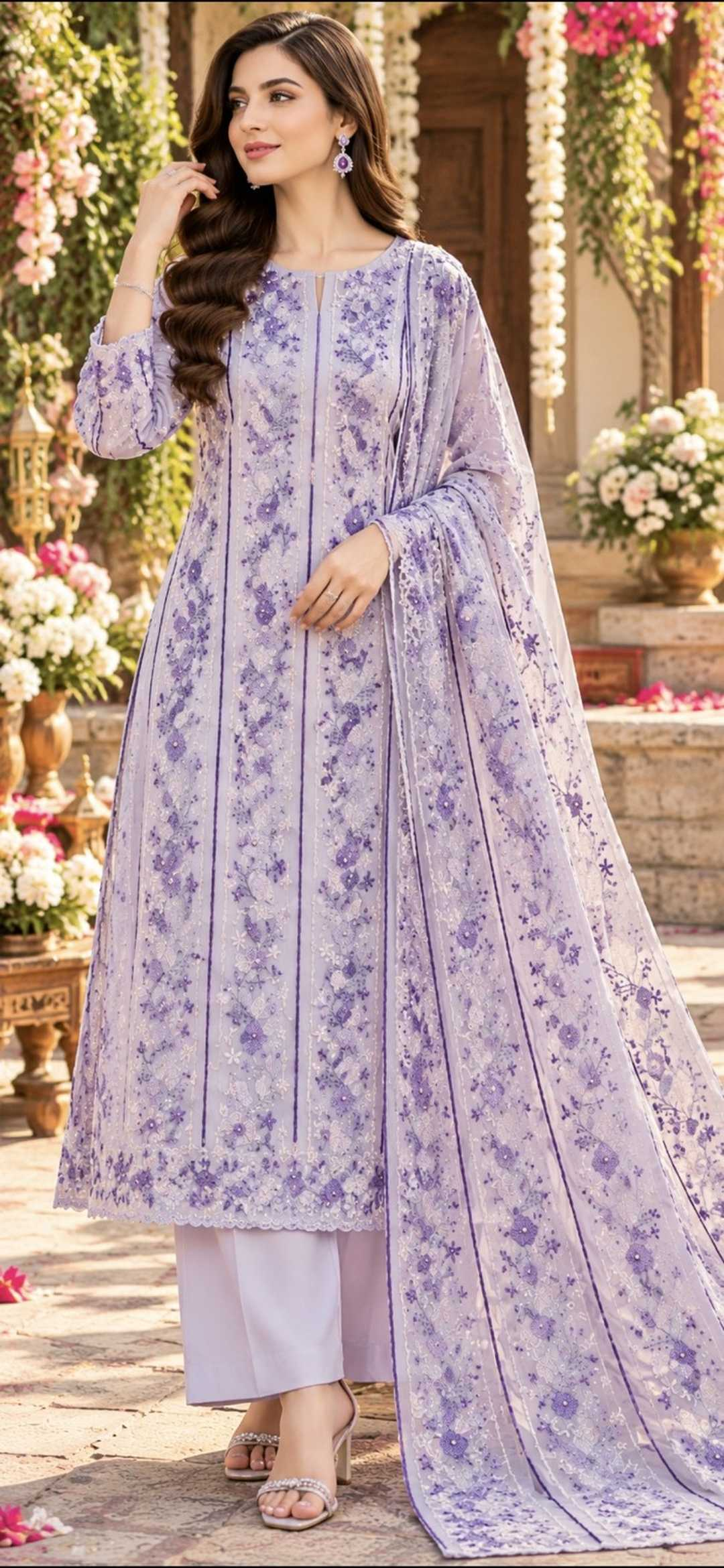 White Purple  - Tarkashi Gulistan - Embroidered 3-Piece Unstitched Chiffon Suit