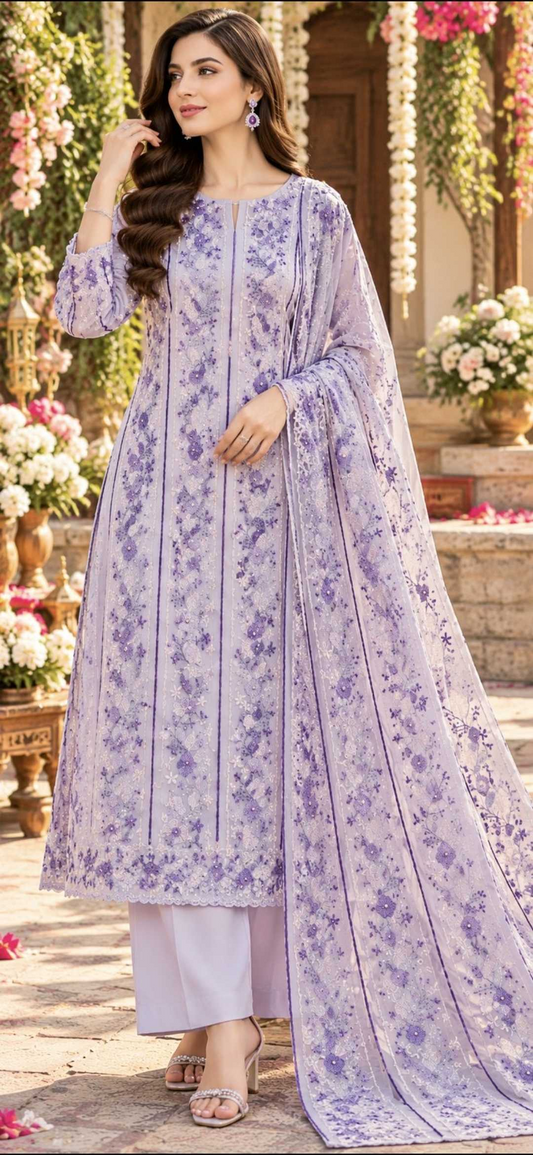 White Purple  - Tarkashi Gulistan - Embroidered 3-Piece Unstitched Chiffon Suit