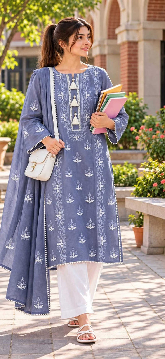 Dusty Blue - Seh-Bahaar - Embroidered Paper Cotton Suit