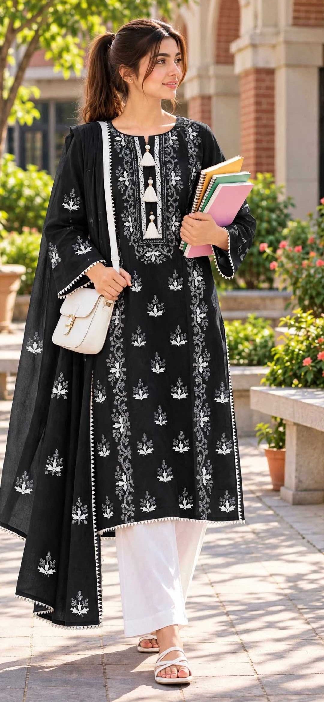Black - Embroidered 3-Piece Stitched Paper Cotton Suit