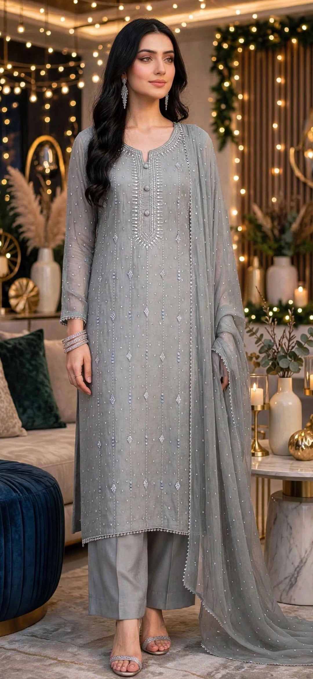 Grey - Kamdani Makesh Work - Soft Chiffon - 2-Piece Unstitched Suit