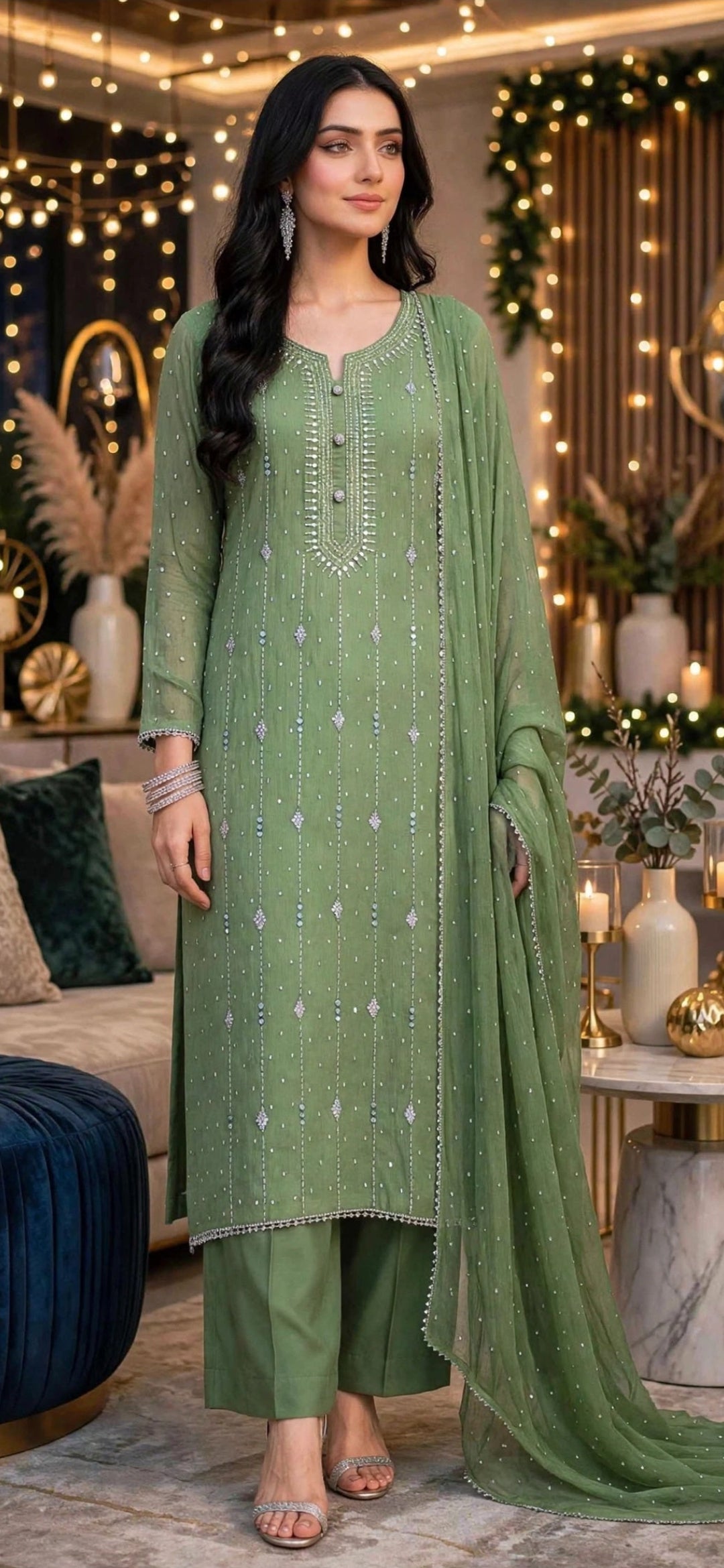 Parrot Green - Kamdani Makesh Work - Soft Chiffon - 2-Piece Unstitched Suit