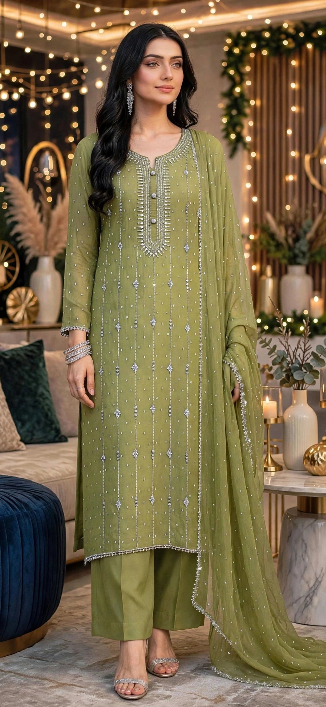 Green - Kamdani Makesh Work - Soft Chiffon - 3-Piece Unstitched Suit