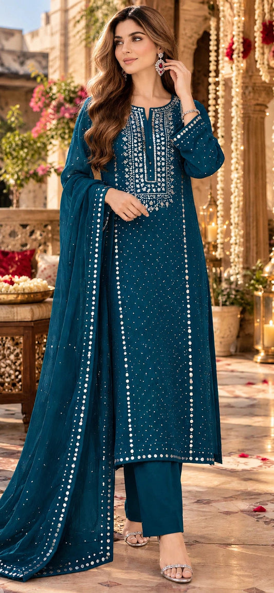 Teal Blue - Kamdani Makesh Work - Soft Chiffon - 2-Piece Unstitched Suit