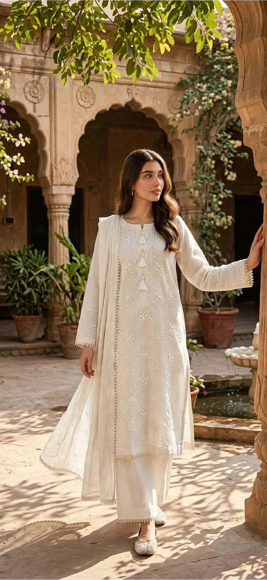 White - Embroidered 2-Piece Stitched Paper Cotton Suit