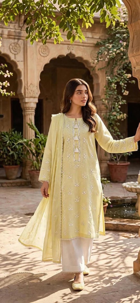Yellow - Embroidered 2-Piece Stitched Paper Cotton Suit
